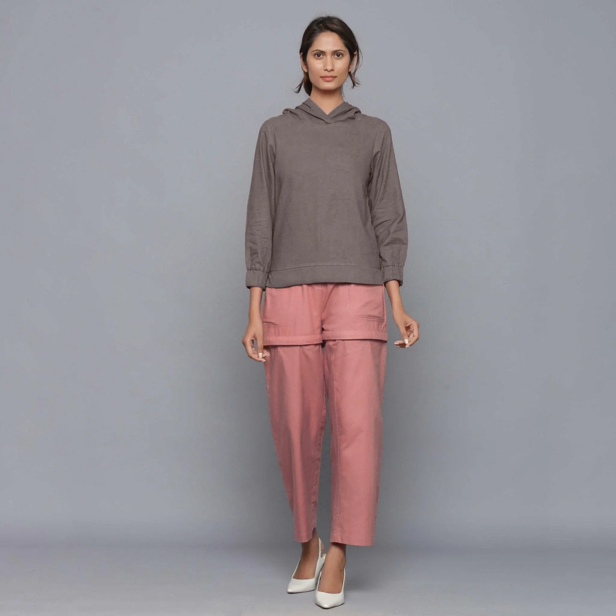 Ash Grey Warm Cotton Flannel Bracelet Sleeve Hoodie Top