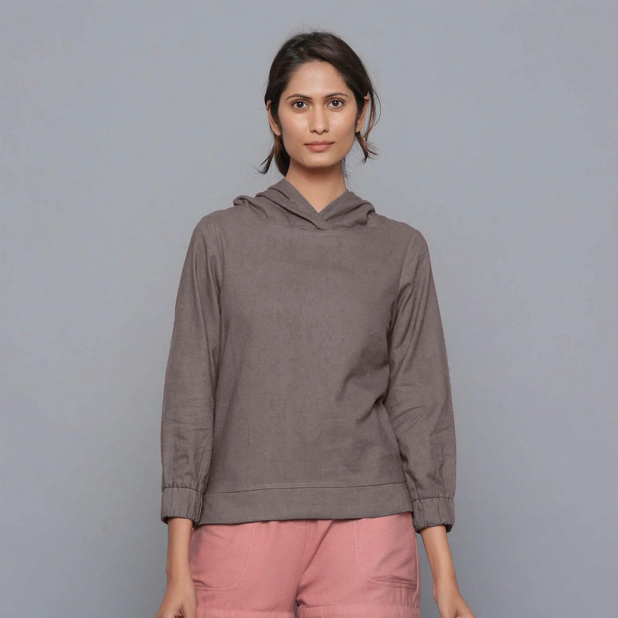 Ash Grey Warm Cotton Flannel Bracelet Sleeve Hoodie Top