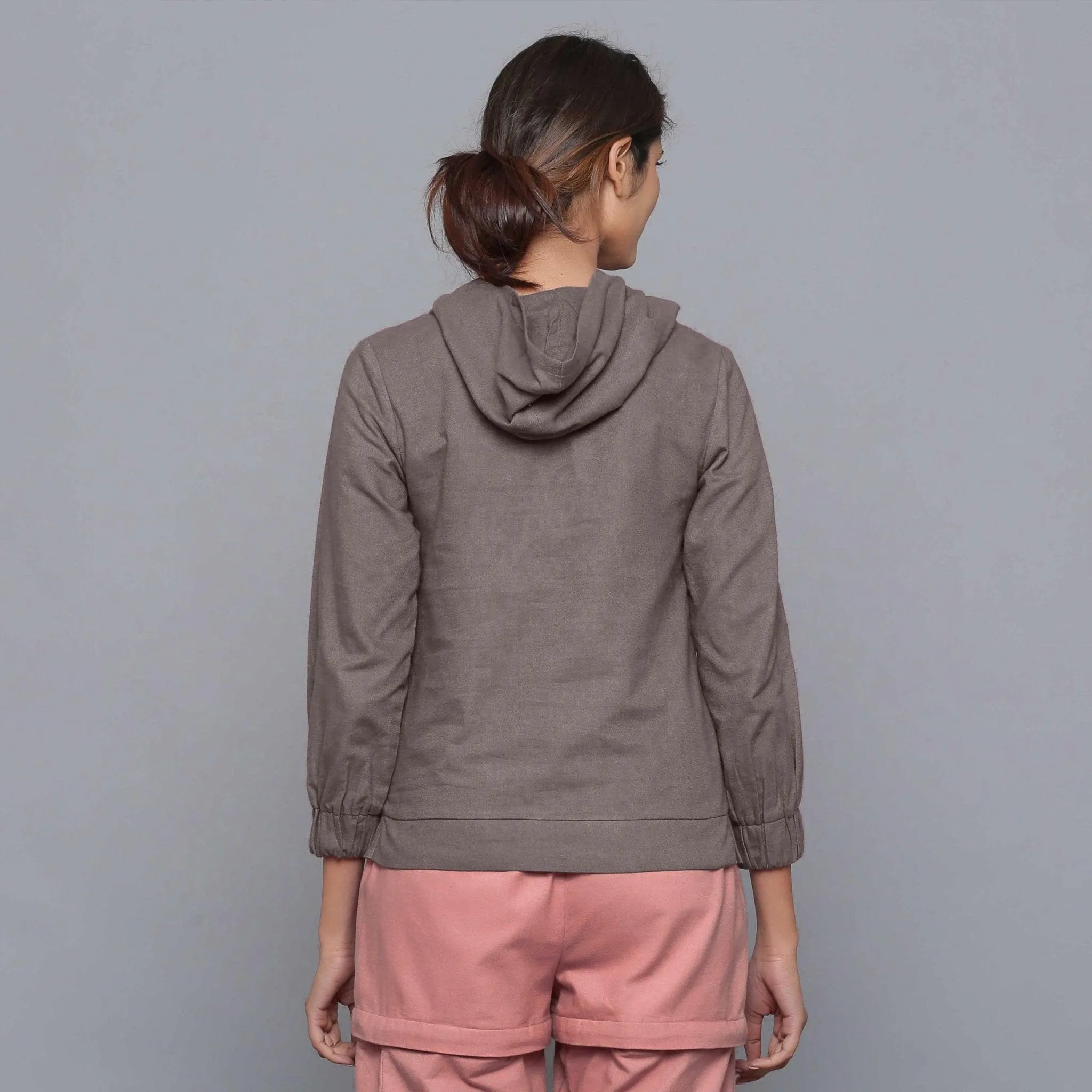 Ash Grey Warm Cotton Flannel Bracelet Sleeve Hoodie Top