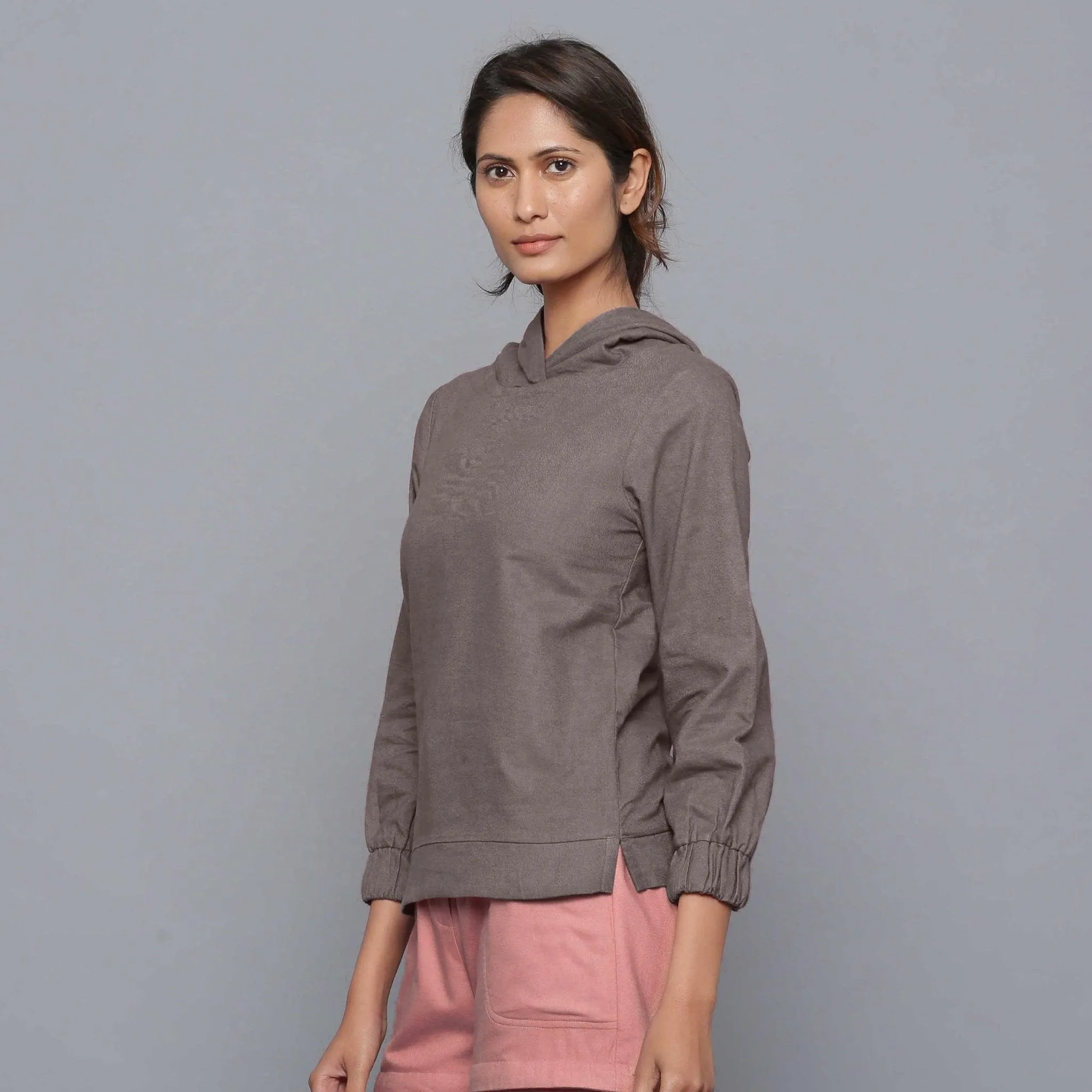 Ash Grey Warm Cotton Flannel Bracelet Sleeve Hoodie Top