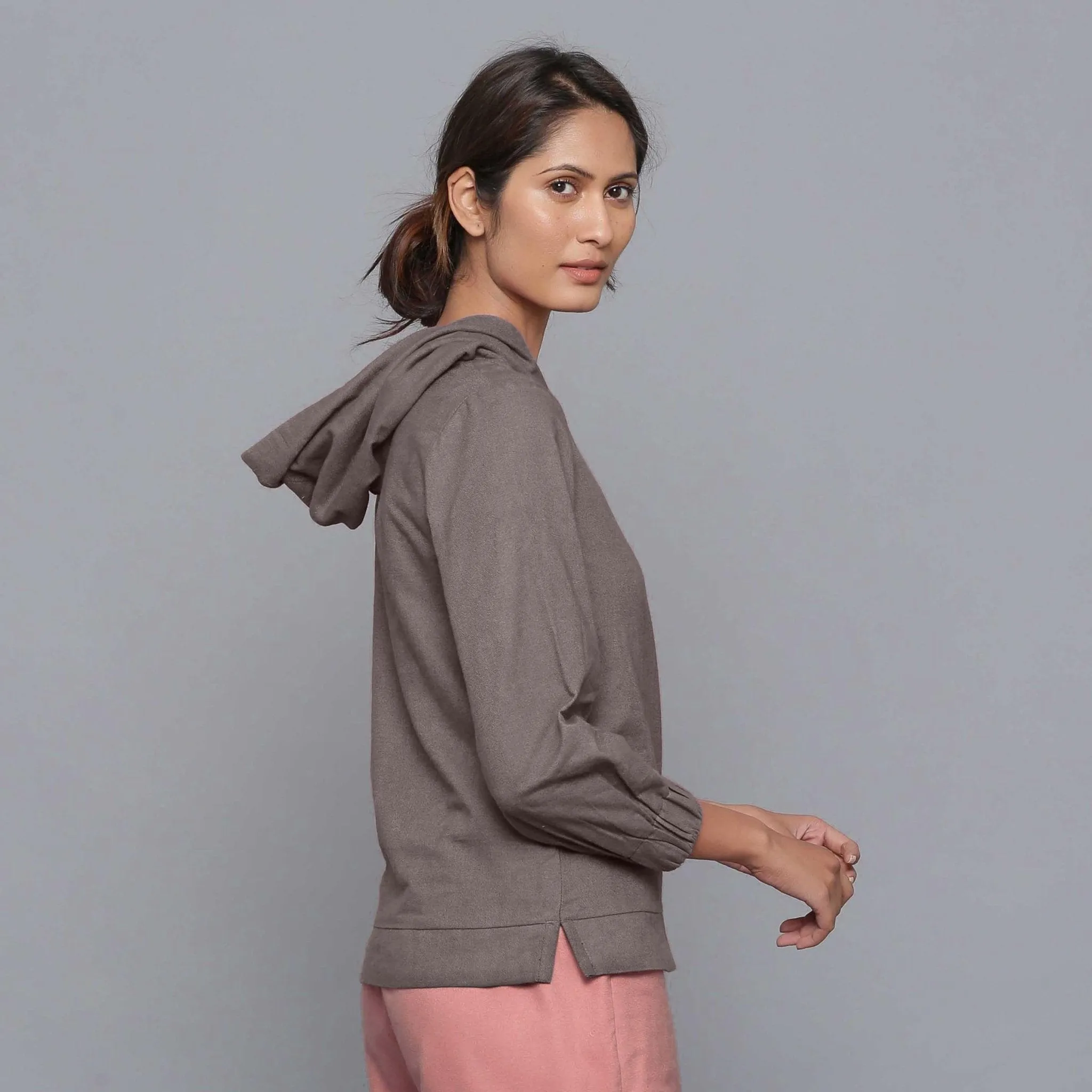 Ash Grey Warm Cotton Flannel Bracelet Sleeve Hoodie Top