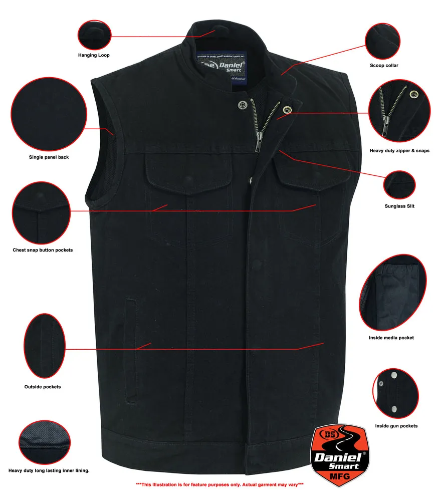BK Concealed Snap Closure, Denim Material, Scoop Collar & Hidden
