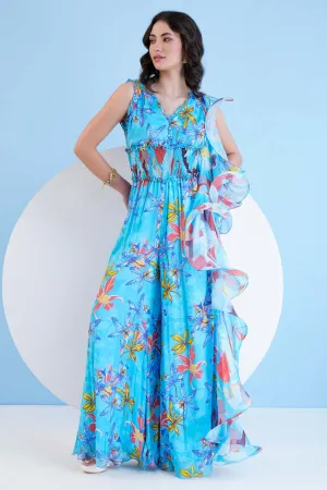 Blue Printed Chiffon Jumpsuit
