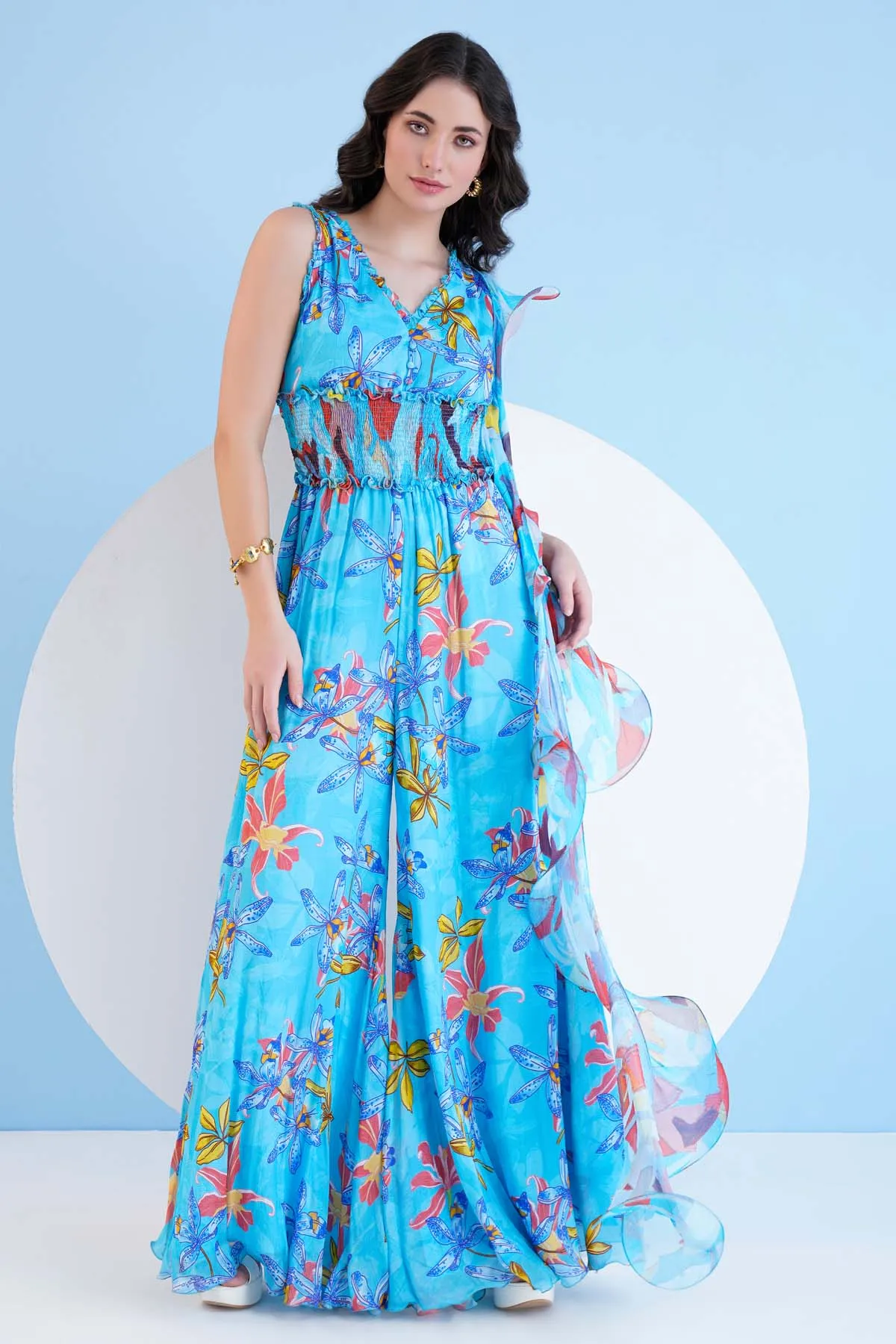 Blue Printed Chiffon Jumpsuit