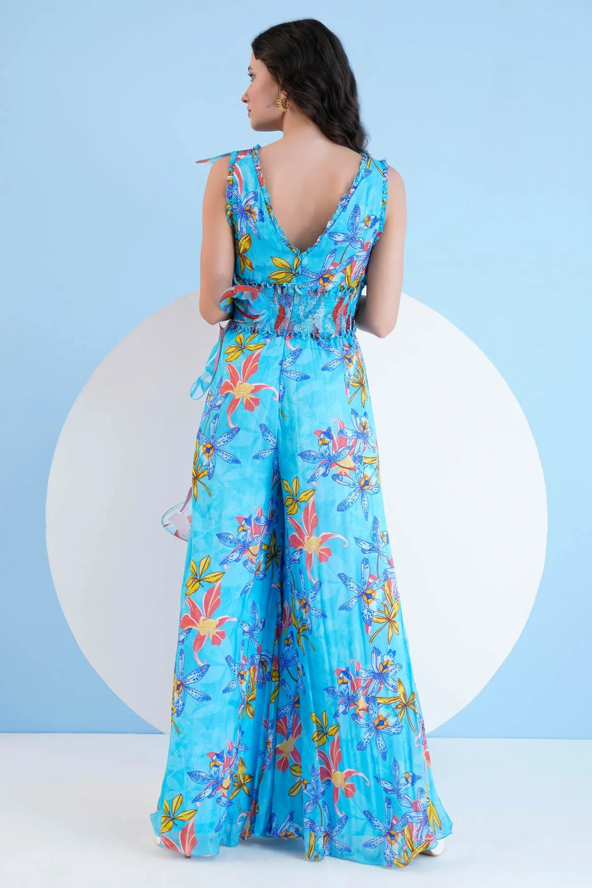 Blue Printed Chiffon Jumpsuit