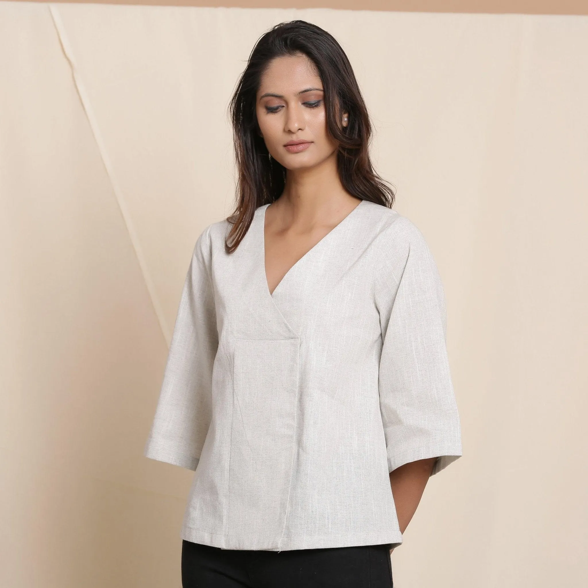 Cloudy Grey 100% Cotton Loose Fit V-Neck Top