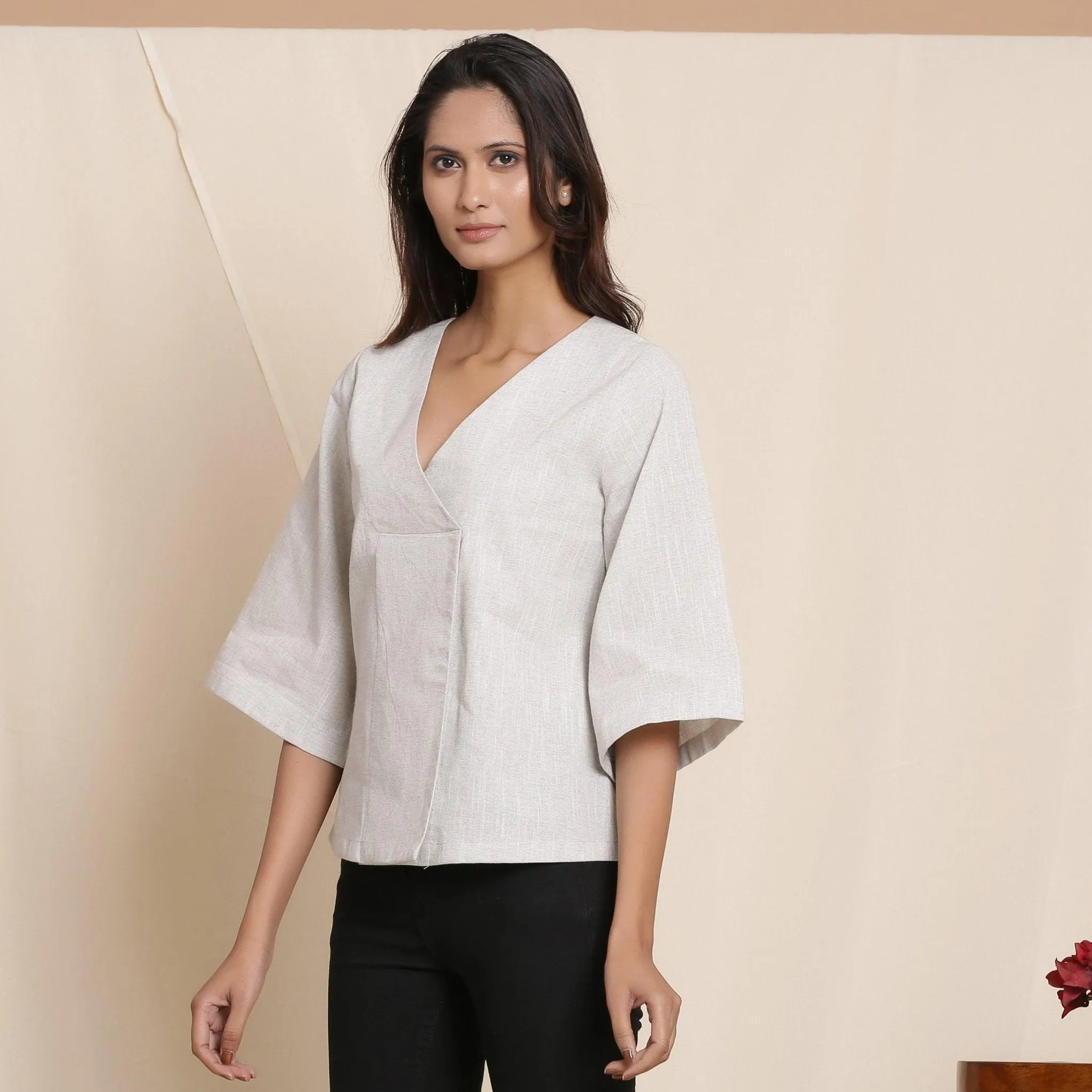 Cloudy Grey 100% Cotton Loose Fit V-Neck Top