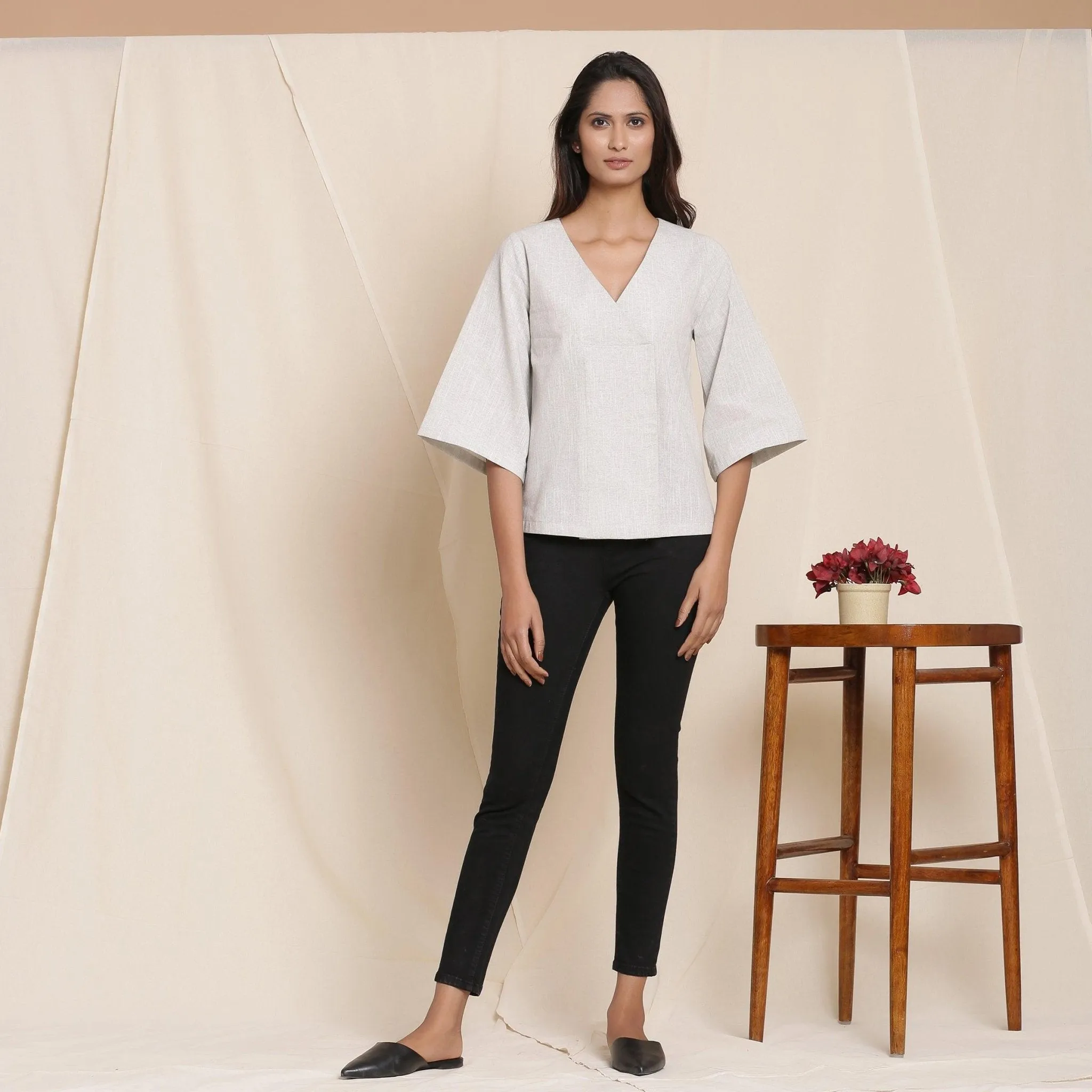 Cloudy Grey 100% Cotton Loose Fit V-Neck Top