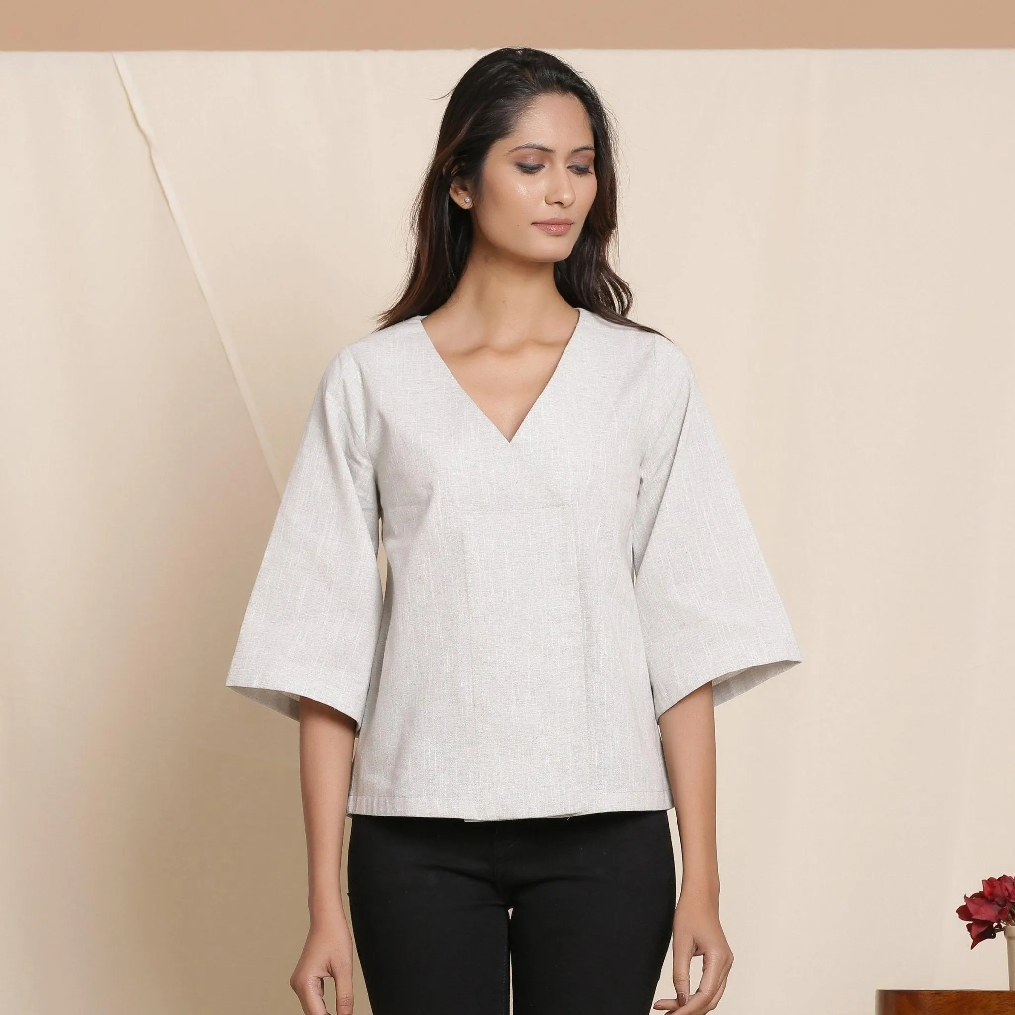 Cloudy Grey 100% Cotton Loose Fit V-Neck Top