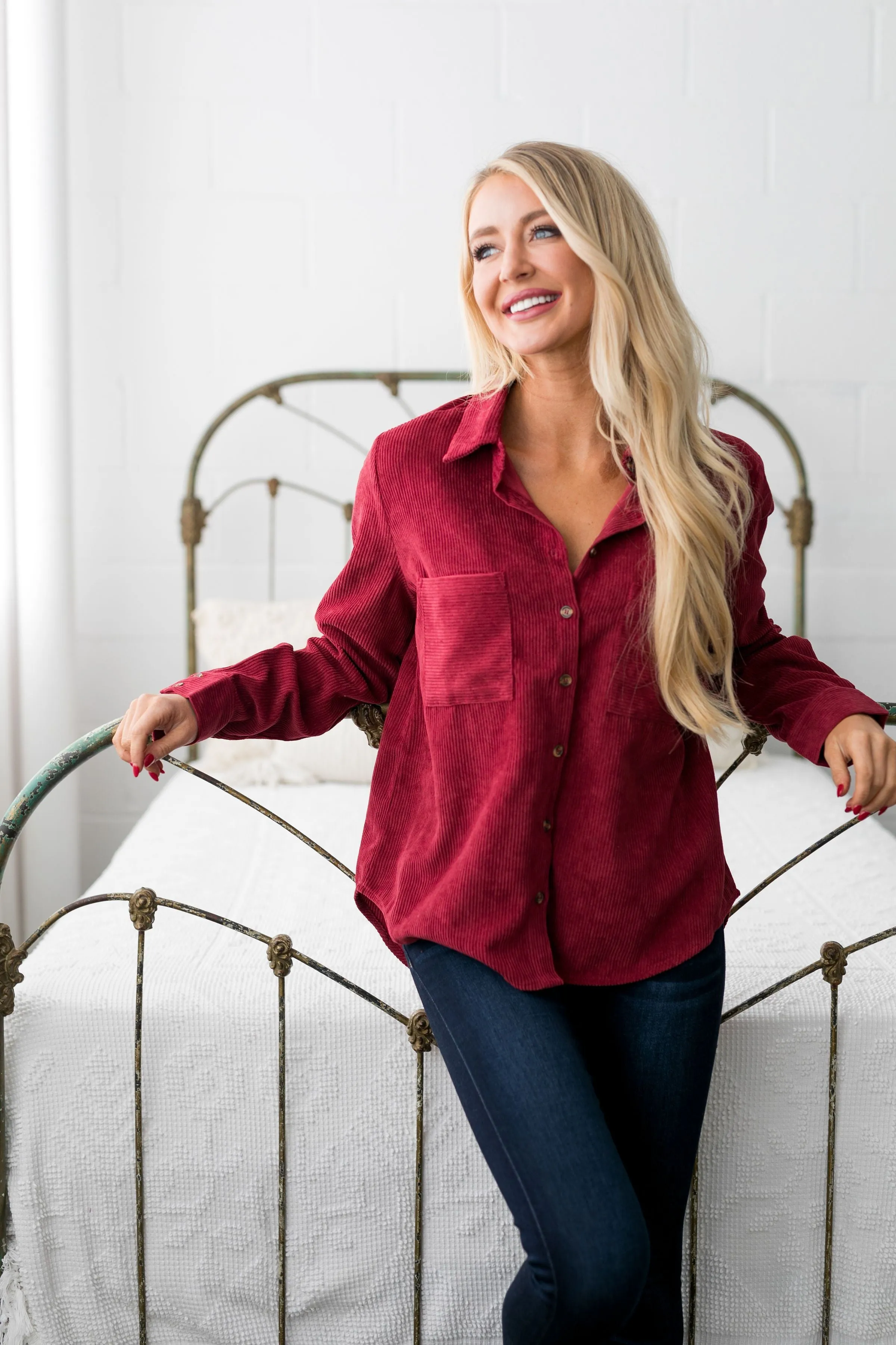 Corduroy Buttondown In Red - ALL SALES FINAL