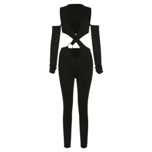 Cross front long sleeve hollow out off shoulder o ring solid jumpsuit- Final Sale