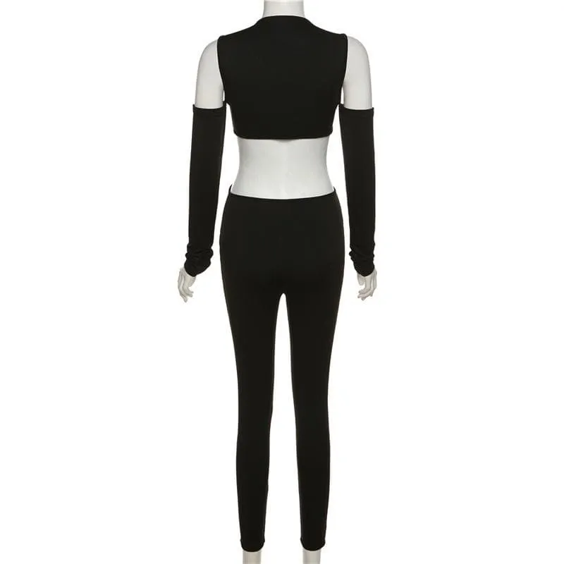 Cross front long sleeve hollow out off shoulder o ring solid jumpsuit- Final Sale