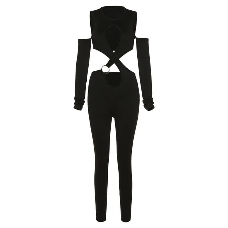 Cross front long sleeve hollow out off shoulder o ring solid jumpsuit- Final Sale