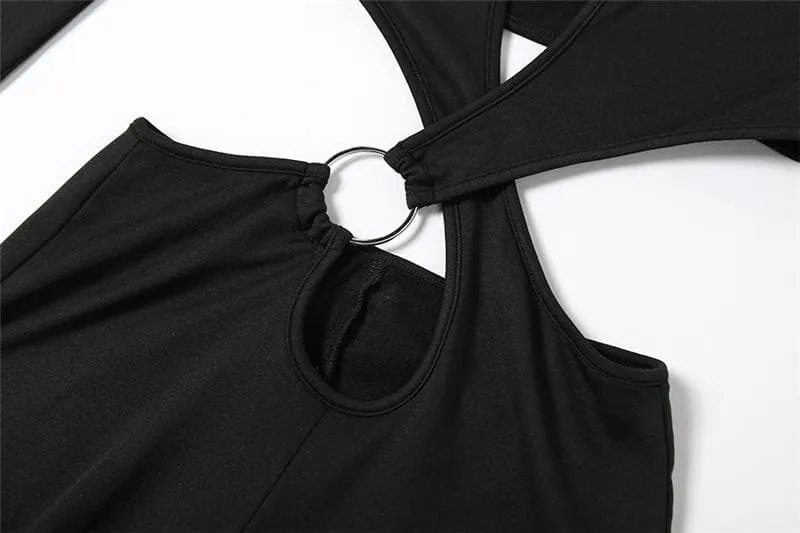 Cross front long sleeve hollow out off shoulder o ring solid jumpsuit- Final Sale
