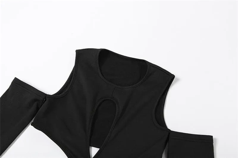 Cross front long sleeve hollow out off shoulder o ring solid jumpsuit- Final Sale