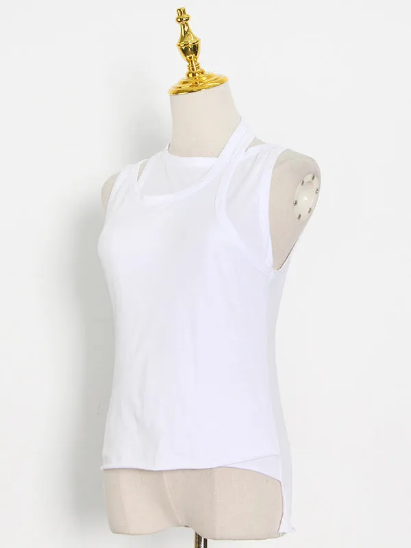 False Two Solid Color Sleeveless Vest Tops