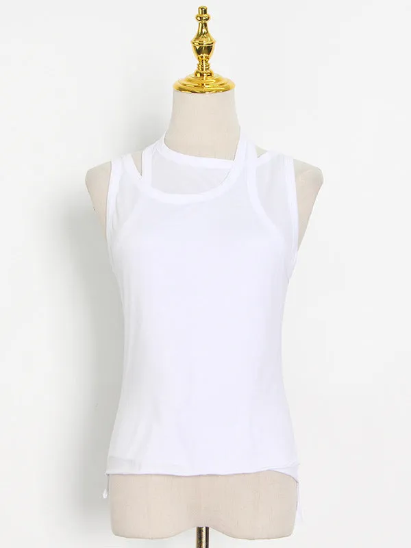 False Two Solid Color Sleeveless Vest Tops
