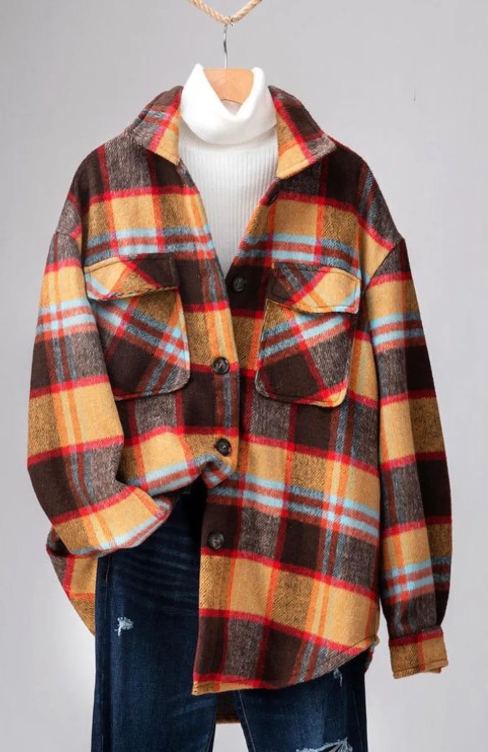 FLANNEL OVERSIZED SHIRT JACKET - BROWN