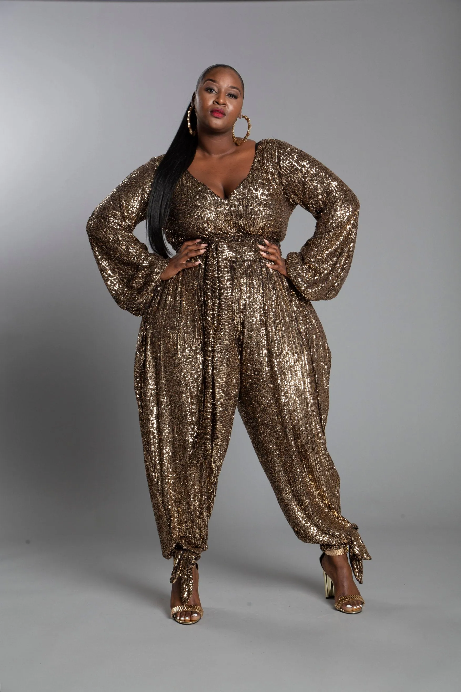 Gold Sequin Jumpsuit  w Ankle Ties- JIBRI
