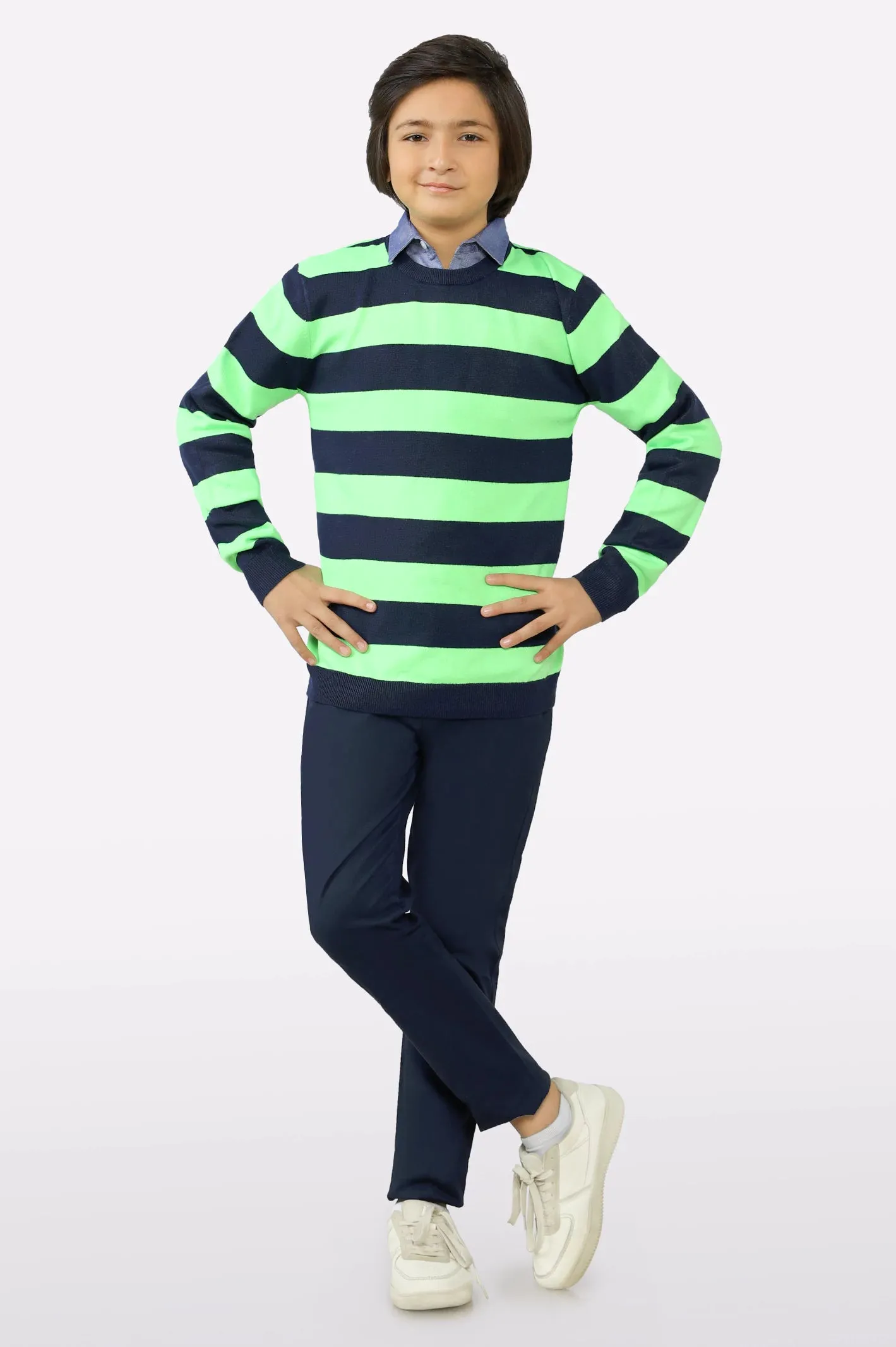 Green Round Neck Boys Sweaters