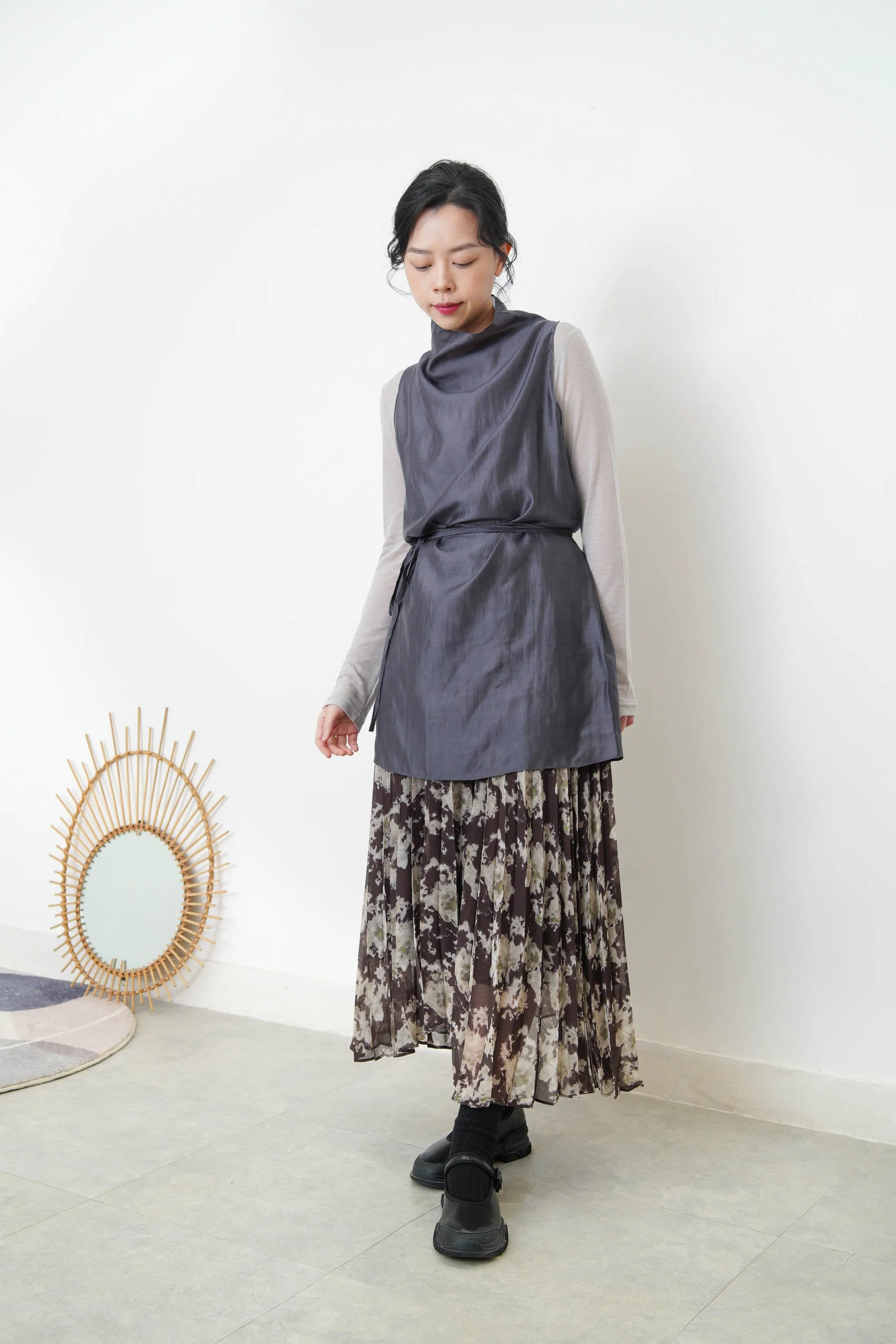 Grey silky long vest w/ strings
