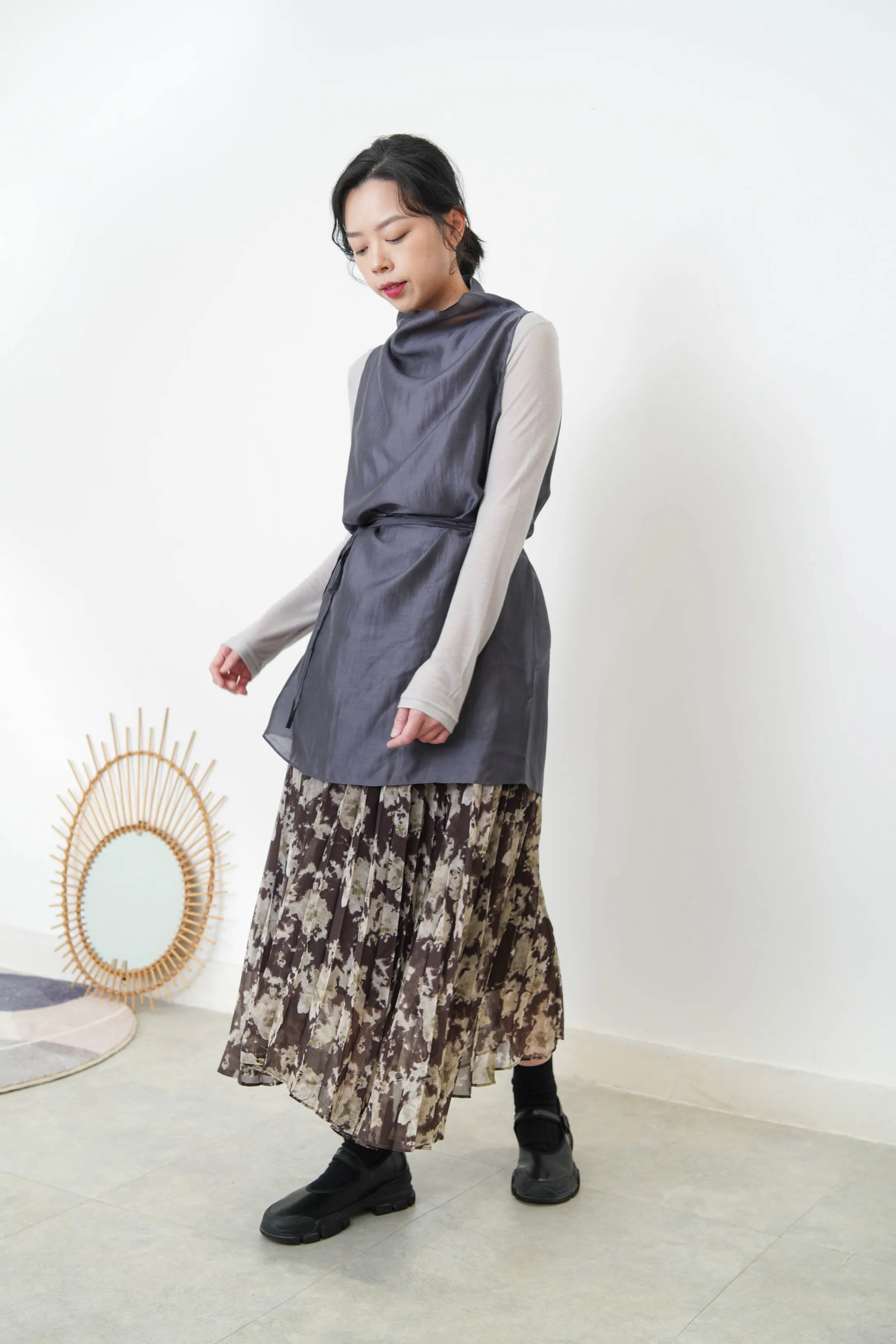 Grey silky long vest w/ strings