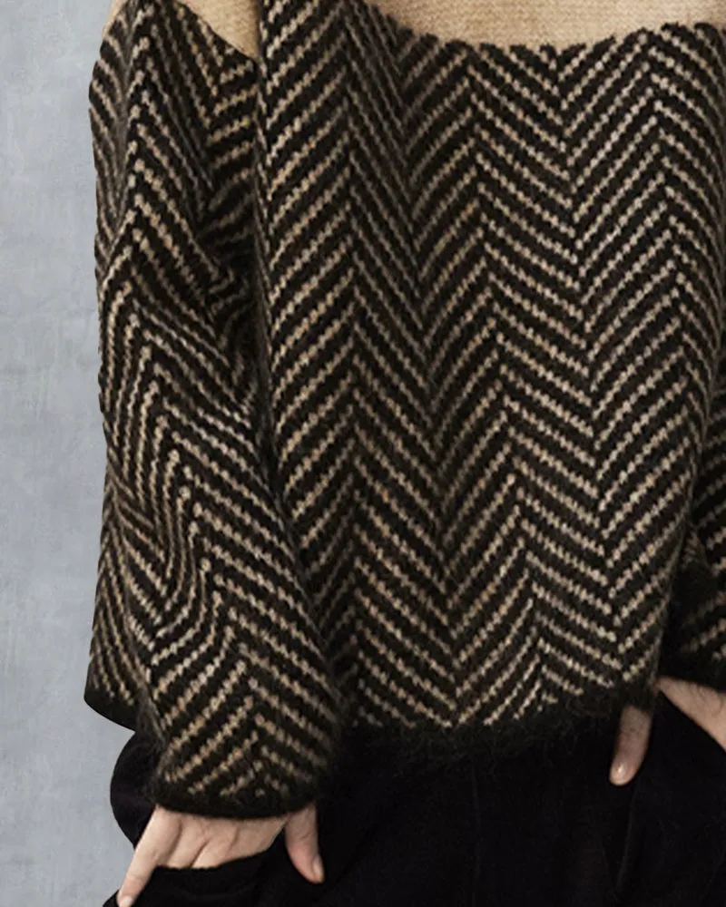 High Neck Striped Patchwork Sweaters