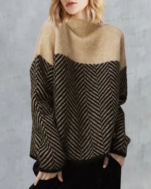 High Neck Striped Patchwork Sweaters