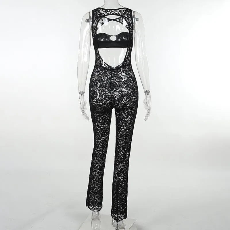 Hollow out lace solid sleeveless o ring tube jumpsuit