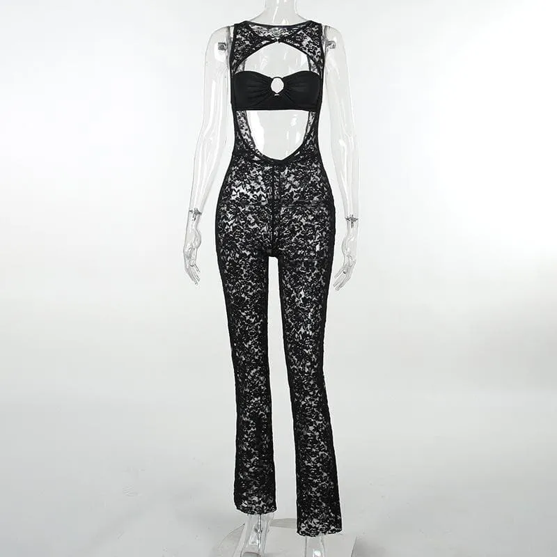 Hollow out lace solid sleeveless o ring tube jumpsuit