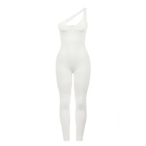 Irregular one shoulder zip-up solid hollow out jumpsuit