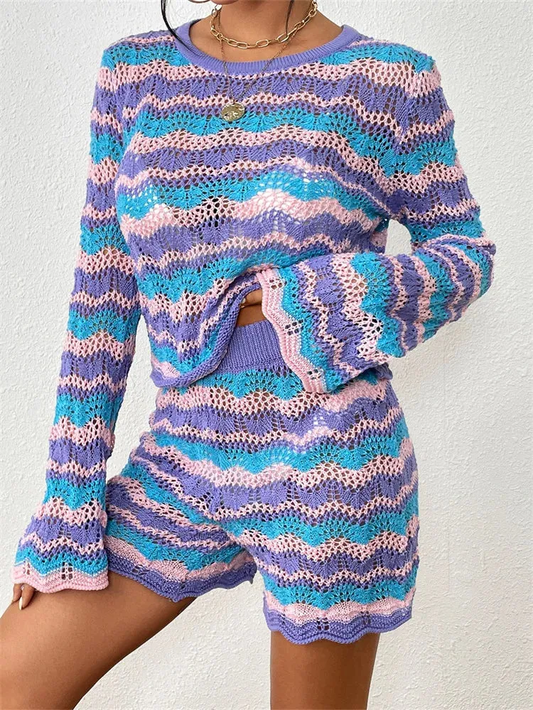 JuliaFashion - Striped O-Neck Long Sleeve Sweaters Tops Shorts Suits