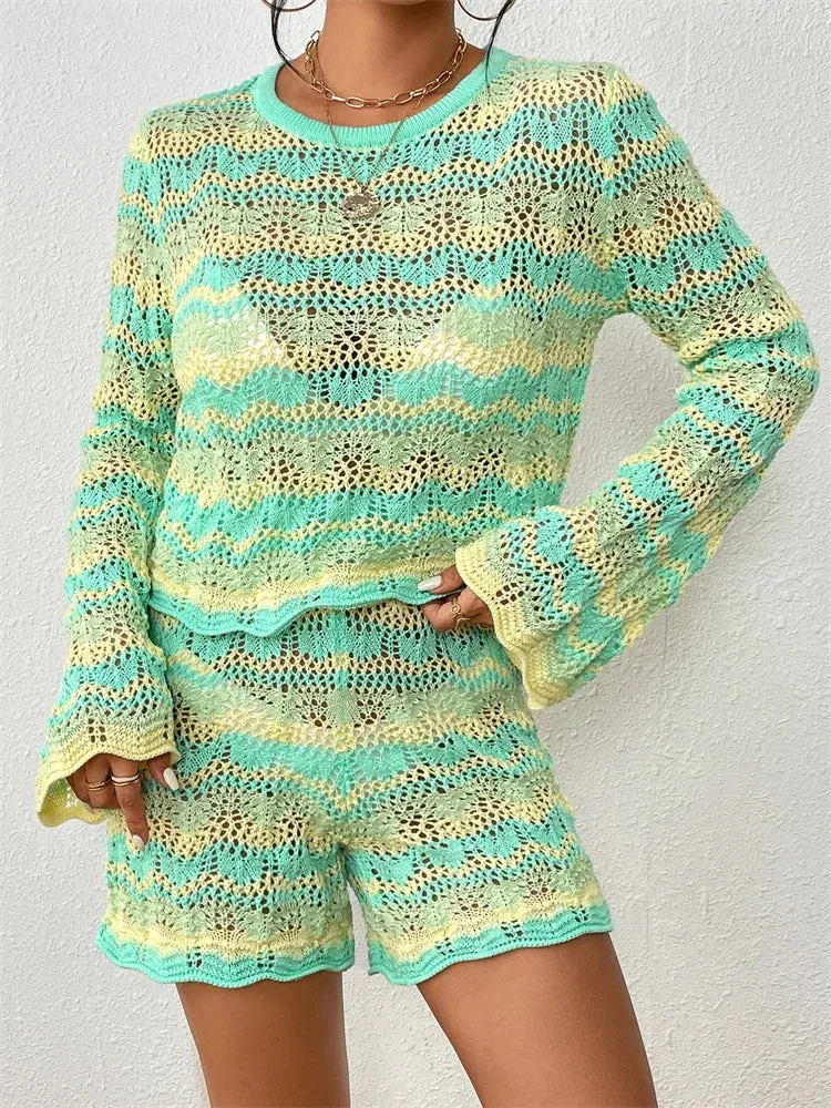 JuliaFashion - Striped O-Neck Long Sleeve Sweaters Tops Shorts Suits