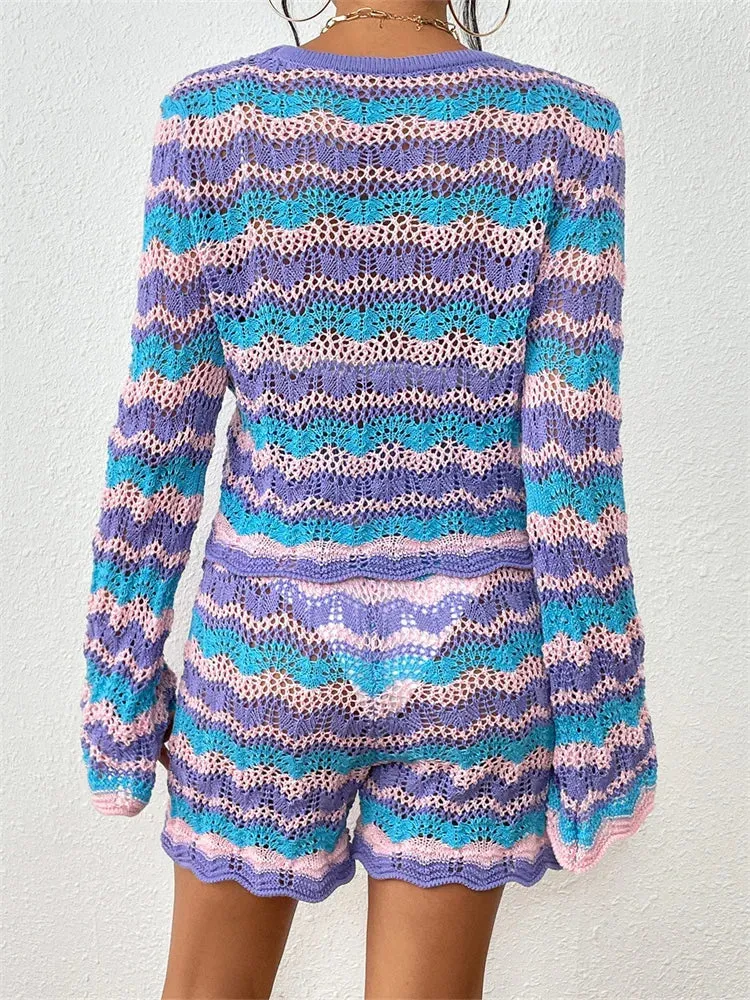 JuliaFashion - Striped O-Neck Long Sleeve Sweaters Tops Shorts Suits