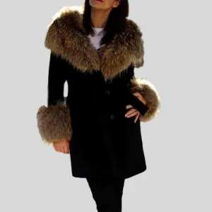 Luxury Cashmere With Black Raccoon Fur Collar Long Coat