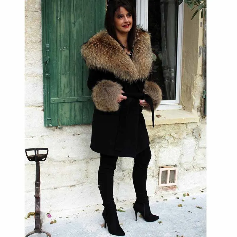 Luxury Cashmere With Black Raccoon Fur Collar Long Coat