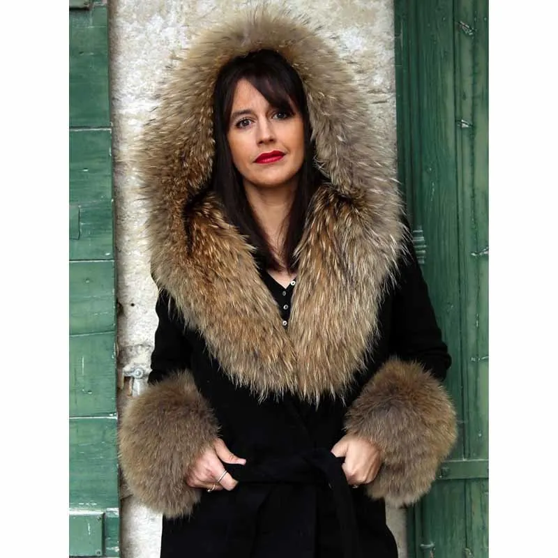 Luxury Cashmere With Black Raccoon Fur Collar Long Coat