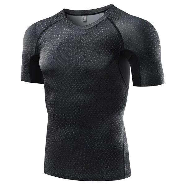 Mens Printed Elastic Quick-drying Skinny Fitness T-shirts Breathable Jogging Short Sleeve Tops