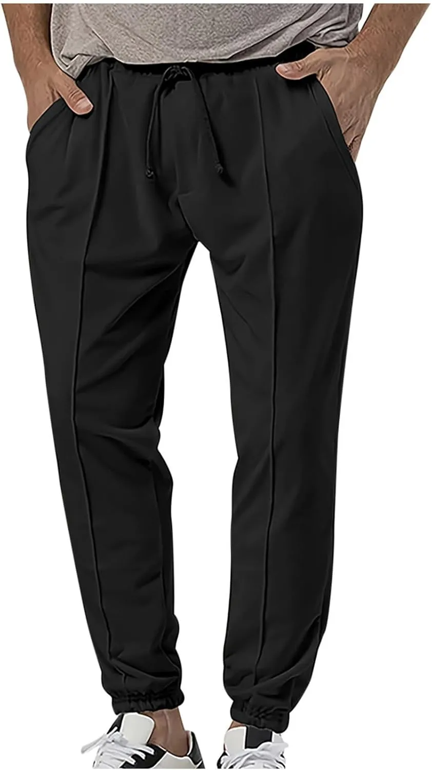 Mens Tracksuit Bottoms Elastic Waist Drawstring Sweatpants Solid Color Trousers Slim Fit Thickened Leggings with Pocket
