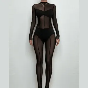 Mesh patchwork zip-up solid long sleeve jumpsuit