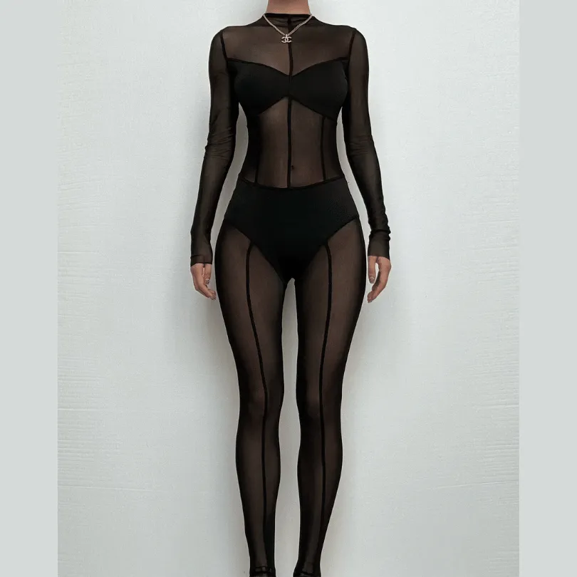 Mesh patchwork zip-up solid long sleeve jumpsuit