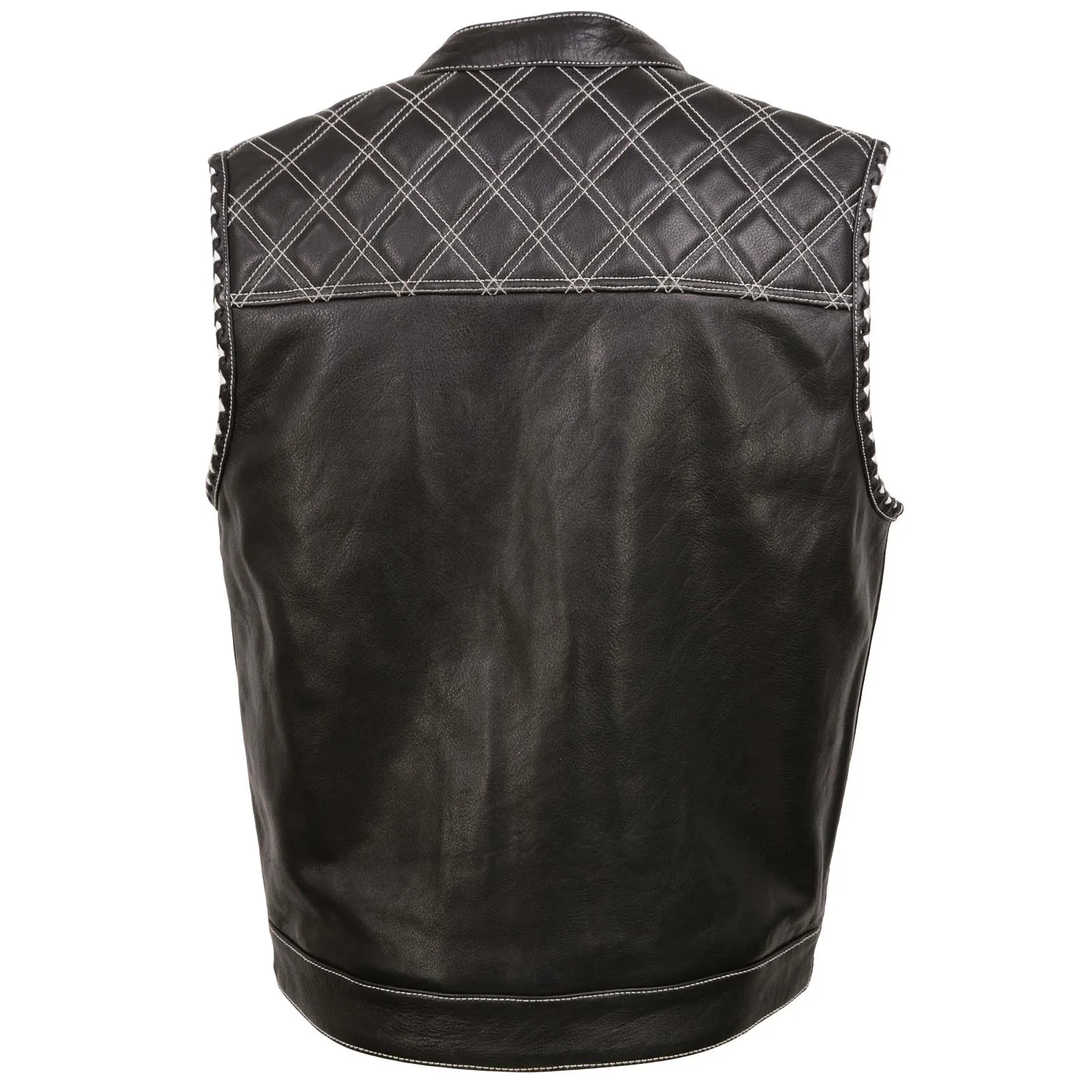 MLM3525 Men's Black 'Paisley' Accented White Stitching Leather Vest – w/Armhole Trim Open Collar Design