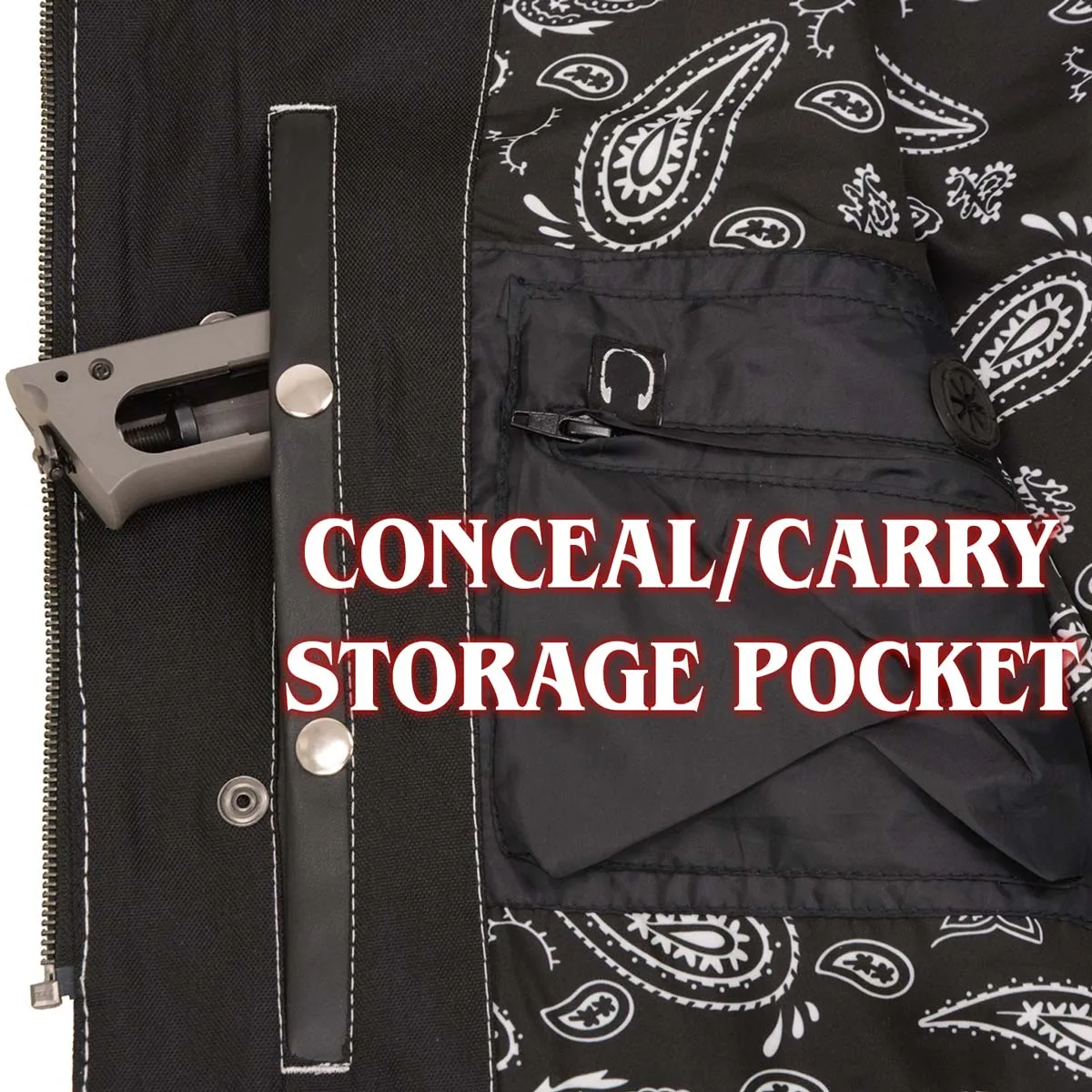 MLM3525 Men's Black 'Paisley' Accented White Stitching Leather Vest – w/Armhole Trim Open Collar Design