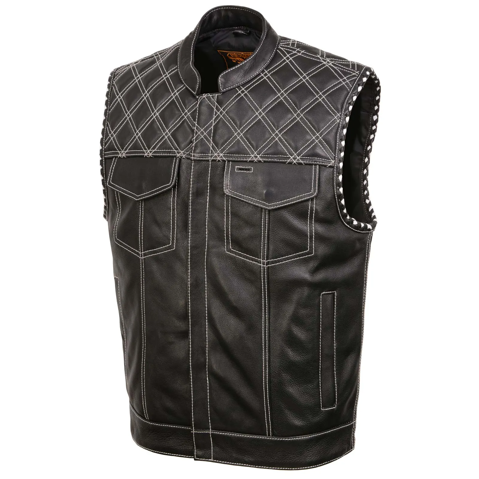 MLM3525 Men's Black 'Paisley' Accented White Stitching Leather Vest – w/Armhole Trim Open Collar Design
