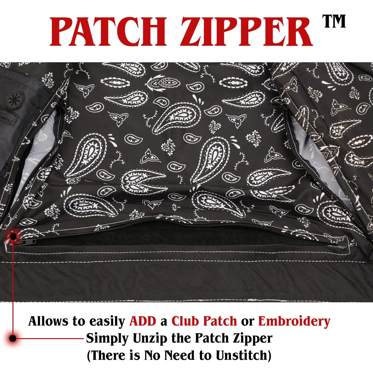 MLM3525 Men's Black 'Paisley' Accented White Stitching Leather Vest – w/Armhole Trim Open Collar Design