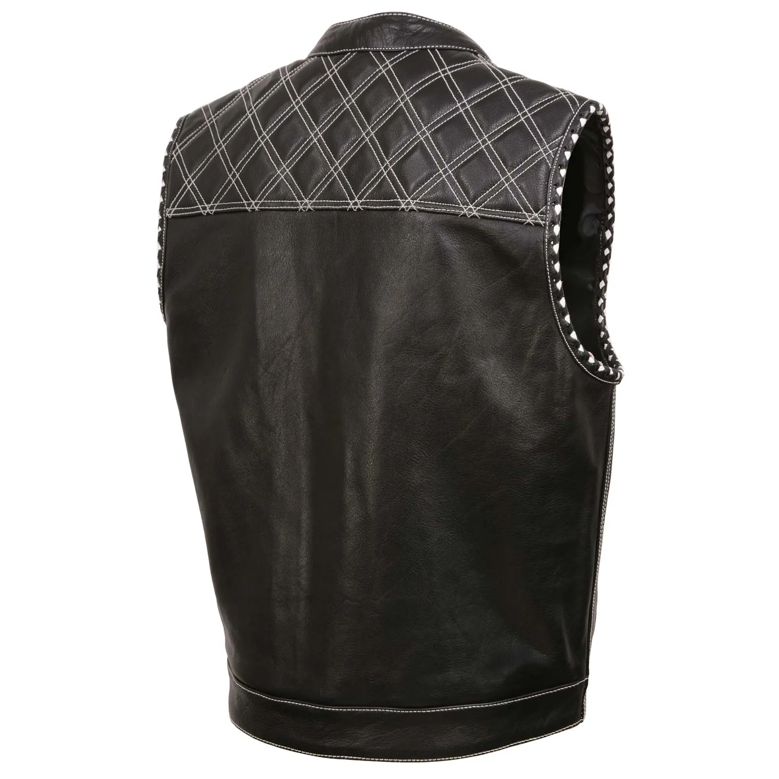 MLM3525 Men's Black 'Paisley' Accented White Stitching Leather Vest – w/Armhole Trim Open Collar Design
