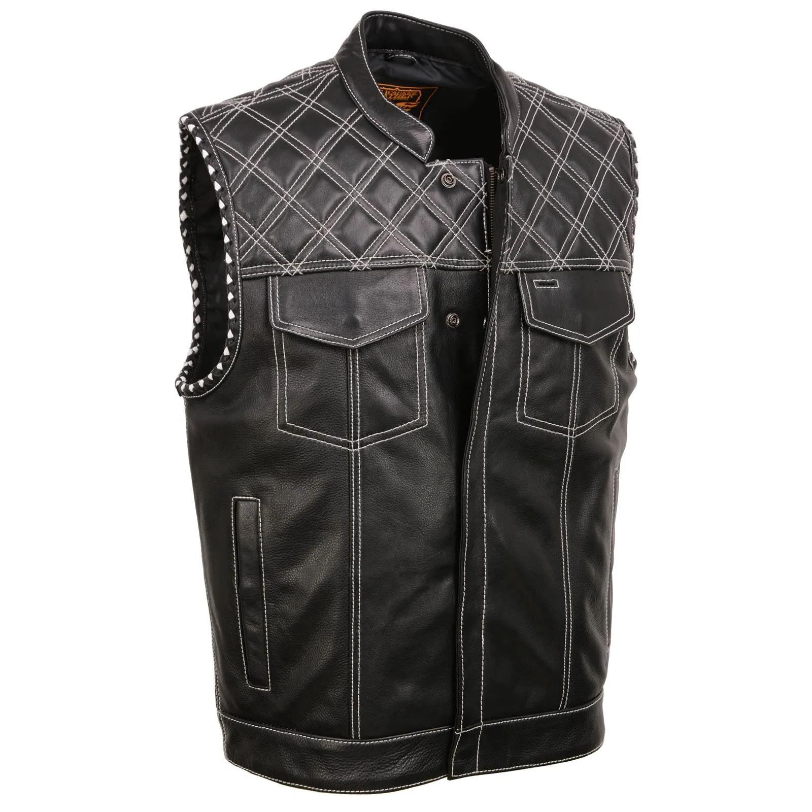 MLM3525 Men's Black 'Paisley' Accented White Stitching Leather Vest – w/Armhole Trim Open Collar Design