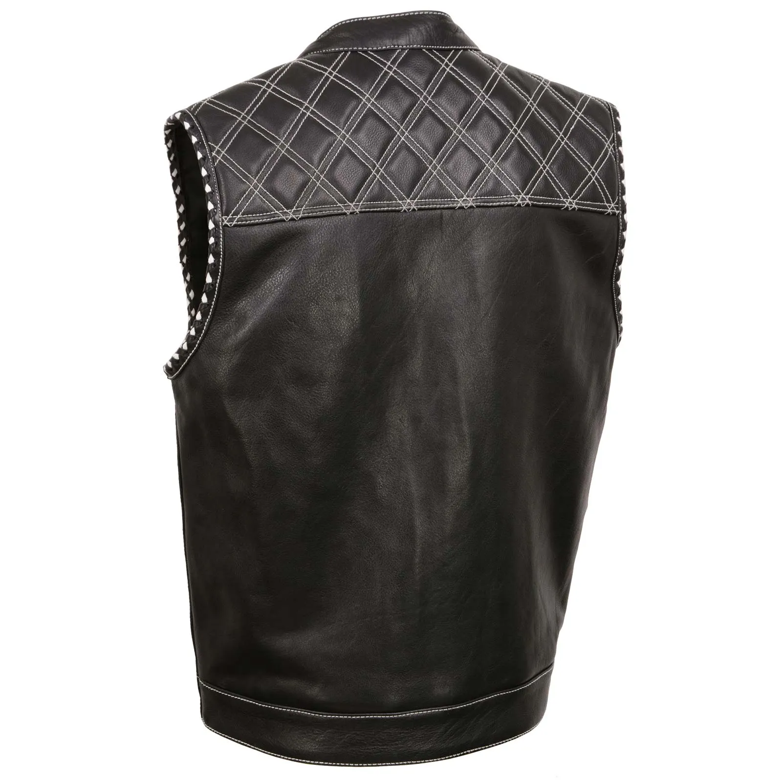 MLM3525 Men's Black 'Paisley' Accented White Stitching Leather Vest – w/Armhole Trim Open Collar Design