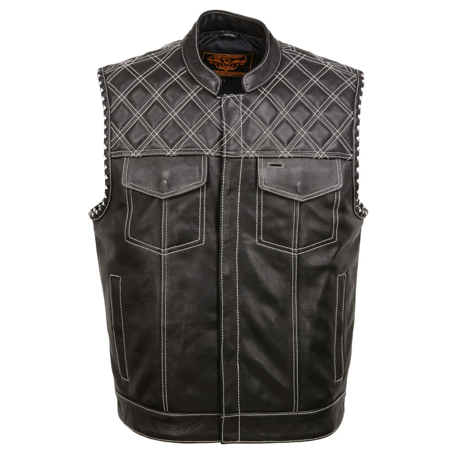 MLM3525 Men's Black 'Paisley' Accented White Stitching Leather Vest – w/Armhole Trim Open Collar Design