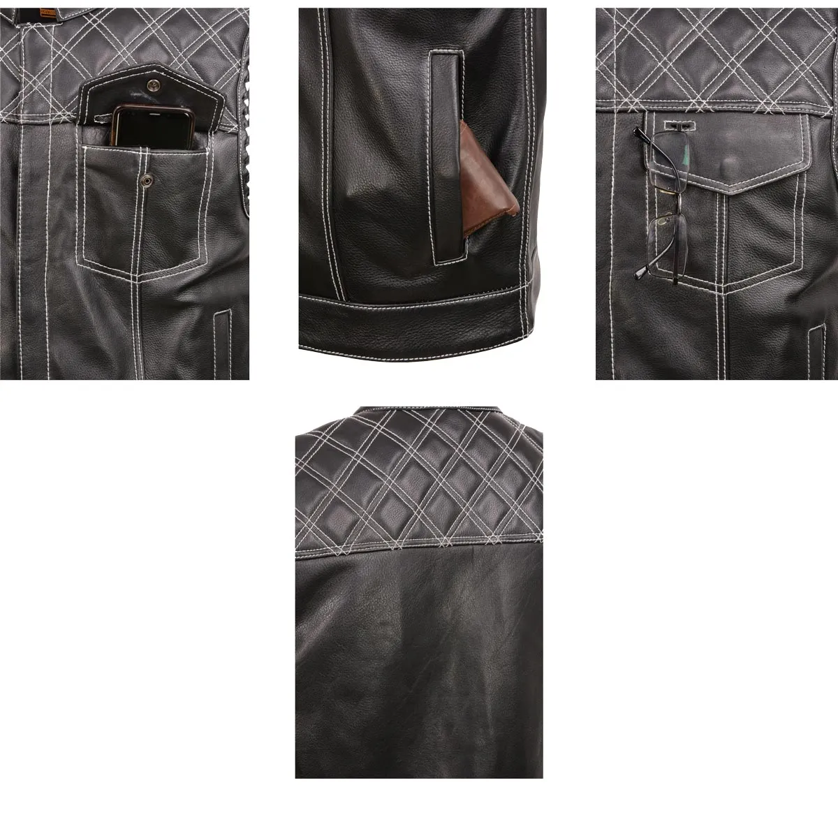 MLM3525 Men's Black 'Paisley' Accented White Stitching Leather Vest – w/Armhole Trim Open Collar Design